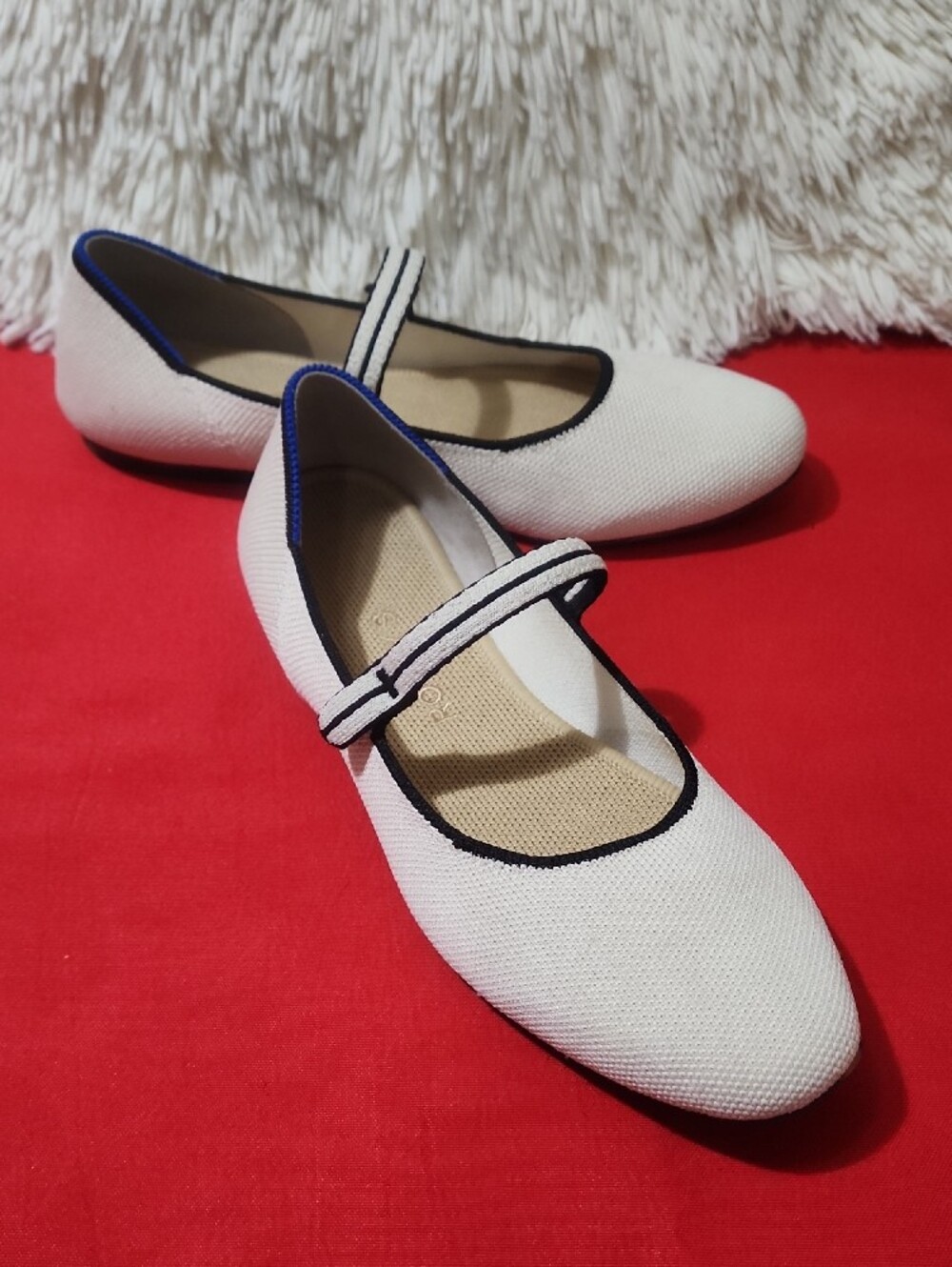 Rothy's The Square  Cream Mary Jane Flats with Black Trim and Blue Edge - Picture 3 of 11